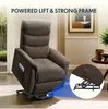 A brown recliner chair is shown in a living room setting, with a close-up inset showing the lift mechanism. Anteprima dell’immagine prodotto