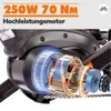 A close-up, cutaway view of an electric bike motor, highlighting its internal components and power specifications. Produktbild-Vorschau