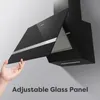 A close-up shot of a black kitchen range hood with a glass panel being adjusted by a hand. Anteprima dell’immagine prodotto