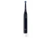 A black electric toothbrush with a blue brush head stands upright on a white charging base against a plain white background. Produktbild-Vorschau