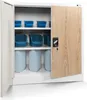An open metal cabinet with shelves containing blue storage bins and large plastic containers. Anteprima dell’immagine prodotto