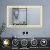 A bathroom scene featuring a lit mirror above a sink, with icons and text describing product features at the bottom. Produktbild-Vorschau