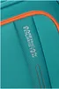 A close-up view of a teal suitcase with an orange zipper and the American Tourister logo embroidered on it. Produktbild-Vorschau