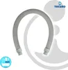 A flexible gray hose with gray connectors, presented on a white and light gray background with circular graphic elements. Produktbild-Vorschau