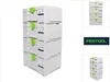 A stack of white storage containers with green handles, displayed on a white background. To the right are smaller images of the same containers and a Festool logo. Podgląd zdjęcia produktu