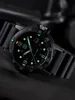 A close-up shot of a black Luminox watch with green luminous markers and hands, set against a dark, blurred background. Produktbild-Vorschau