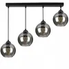 A black linear chandelier with four smoked glass globe shades, suspended from a black rectangular base against a white background. Náhled obrázku produktu