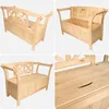 A collage of four images showing a wooden storage bench from different angles. Produktbild-Vorschau