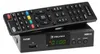 A black DVB-T2 tuner box with a remote control on top, set against a white background. Náhled obrázku produktu