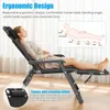 A woman relaxing in a black reclining chair outdoors, with text overlays highlighting its ergonomic design and features. Voir les images du produit