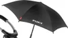 A black umbrella attached to a stroller handle. Produktbild-Vorschau