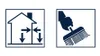 Two instructional icons are shown side-by-side on a white background. The left icon depicts a house with arrows indicating insulation or structural integrity. The right icon shows a hand holding a brush, suggesting cleaning or application. Produktbild-Vorschau