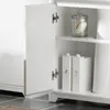 A white bathroom cabinet with its door open, revealing shelves with storage containers and a glass jar with a shell inside. Produktbild-Vorschau