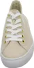 A close-up, front-facing view of a beige sneaker with white laces and gold eyelets. Produktbild-Vorschau