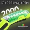 Close-up of a green and black handheld device with internal battery cells visible, highlighting battery capacity and indicator lights. Produktbild-Vorschau