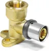 A close-up studio shot of a brass pipe fitting with a silver press fitting attached. Náhľad obrázku produktu