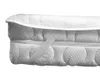 A close-up view of a white quilted mattress topper with elastic straps. Produktbild-Vorschau