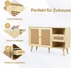 A product image showcasing a wooden sideboard with rattan detailing, accompanied by feature callouts. Podgląd zdjęcia produktu