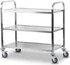 A stainless steel serving trolley with three shelves and wheels, shown against a white background. Voir les images du produit