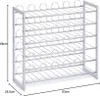 A white metal shoe rack with multiple shelves, shown with dimensions indicated. Náhľad obrázku produktu