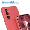 A close-up shot of a red smartphone case, with a second case slightly out of focus in the background. The phone screen is visible in the foreground case, displaying a landscape image. Produktbild-Vorschau