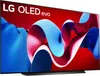 A close-up view of an LG OLED evo TV screen displaying abstract, colorful graphics. Produktbild-Vorschau