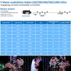 A table showing specifications for LED string lights, with a wedding couple in the background. Produktbild-Vorschau