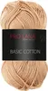 A ball of beige cotton yarn with a black label. Produktbild-Vorschau