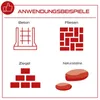 The image displays four different application examples for a product, categorized by material: concrete, tiles, bricks, and natural stones. Each category has a simple line drawing or illustration representing its use. Produktbild-Vorschau