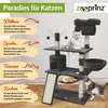A cat tree with multiple levels and features, with text overlays describing its benefits. Produktbild-Vorschau