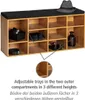 A shoe bench with multiple compartments, a hat on top, and accessories inside. A close-up inset shows adjustable shelves. Náhled obrázku produktu