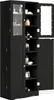 A tall, black cabinet with glass doors and shelves, displaying various toiletries and decorative items. Podgląd zdjęcia produktu