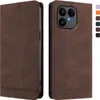 A brown leather flip case for a smartphone is shown from two angles, with a row of color swatches on the right. Produktbild-Vorschau