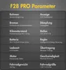 A dark gray background with a grid of product specifications for an F28 Pro bike. Produktbild-Vorschau