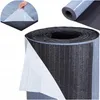 A roll of black soundproofing insulation mat with a white protective backing being peeled off. Produktbild-Vorschau