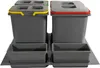 A set of four grey recycling bins with colored lids, arranged on a grey base. Produktbild-Vorschau
