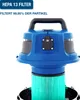 Close-up of the top part of a blue vacuum cleaner with a green filter visible. Produktbild-Vorschau