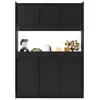 A black cabinet with shelves displaying kitchen items like a blender, cake, flowers, and bottles. Produktbild-Vorschau