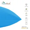 A close-up of a turquoise pillowcase with various product feature icons and text on the right side. Produktbild-Vorschau