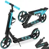 A black and blue scooter is shown in two configurations: one upright and one folded. A carrying strap is also visible. Voir les images du produit