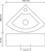 A technical drawing of a corner sink with dimensions. Náhľad obrázku produktu