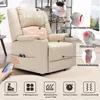 A beige massage recliner chair with various feature callouts and icons at the bottom. Produktbild-Vorschau