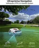 A robotic lawnmower in a suburban yard, with satellite imagery and feature icons displayed. Produktbild-Vorschau