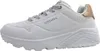 A side view of a white Skechers sneaker with rose gold accents. Voir les images du produit
