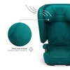 A close-up view of a teal car seat, highlighting its airflow system with an inset magnified view of the fabric and graphic arrows indicating air circulation. Produktbild-Vorschau