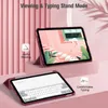 A product image showcasing an iPad case in two different modes: viewing and typing. The background is a soft pink with vertical ribbed texture. Produktbild-Vorschau