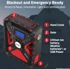 A black and red emergency radio with feature callouts, set against a dark background of a house. Produktbild-Vorschau