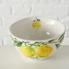 A white ceramic bowl with a hand-painted lemon and leaf design around the exterior, set against a white brick wall. Anteprima dell’immagine prodotto