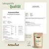 A collage of product packaging, certification documents, and branding for Achterhof Gerstengras Pulver. Produktbild-Vorschau