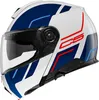 A white motorcycle helmet with blue and red graphic accents. Podgląd zdjęcia produktu